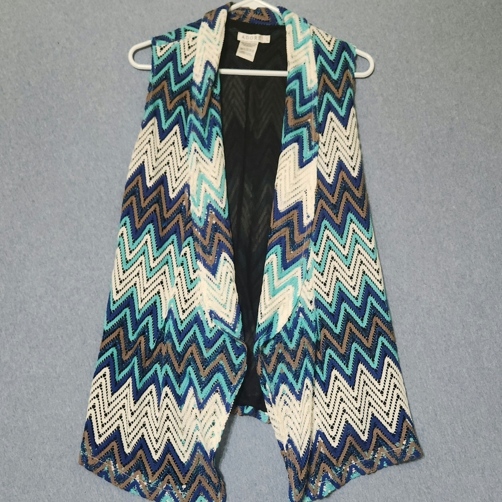 Adore blue brown white knit zig zag vest